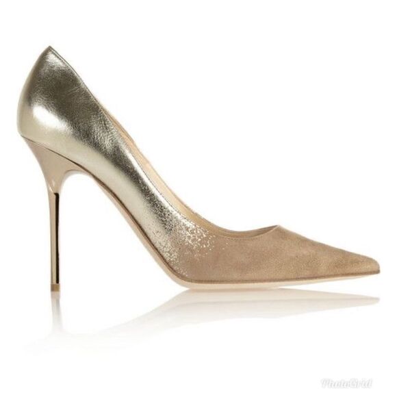 Jimmy Choo Abel Degradé Metallic Gold Tan Beige Suede Pointed Toe Stiletto Pumps - Picture 1 of 15